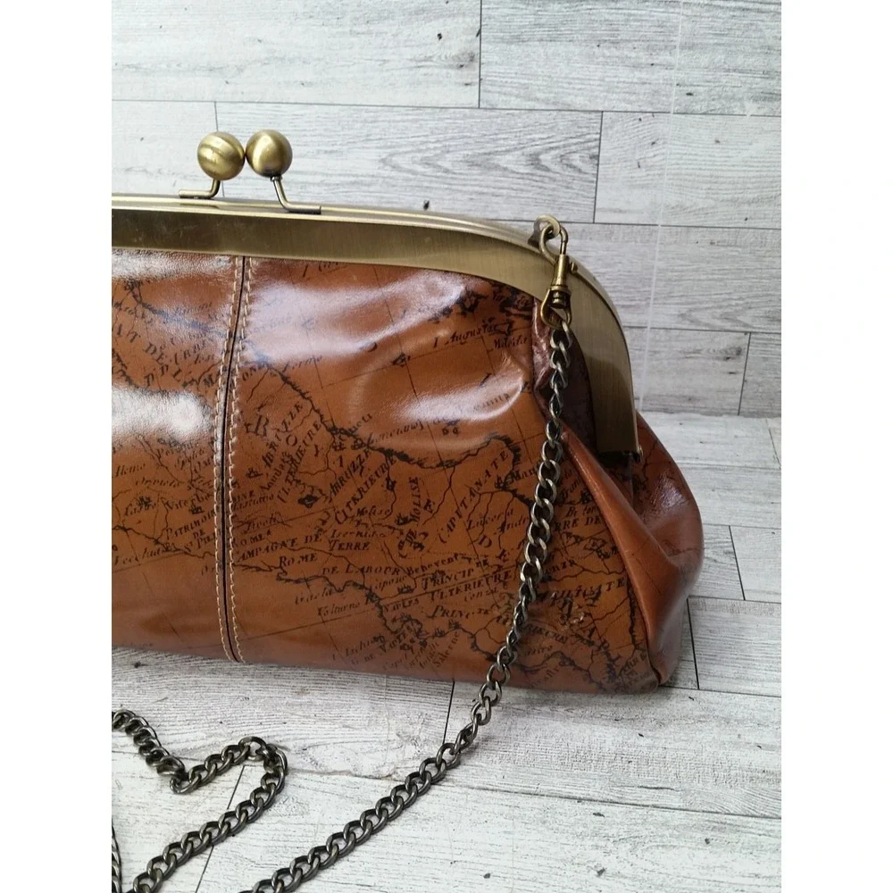 Patricia Nash Mia Leather Shoulder Bag Map Design Framed Satchel Kisslock Brown